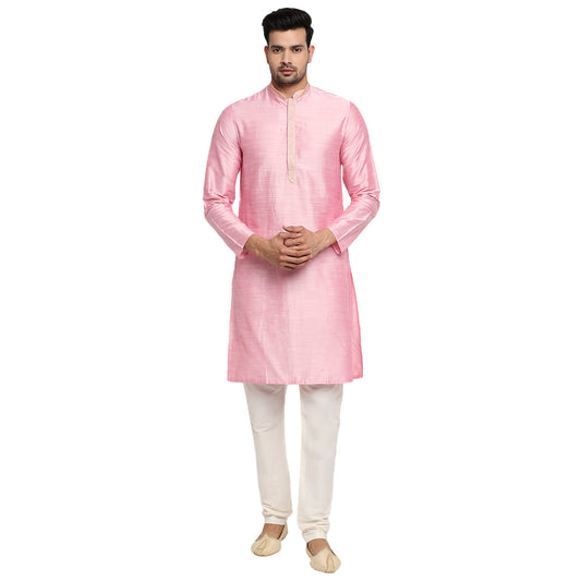 Men Straight Full Sleeve Pink Kurta