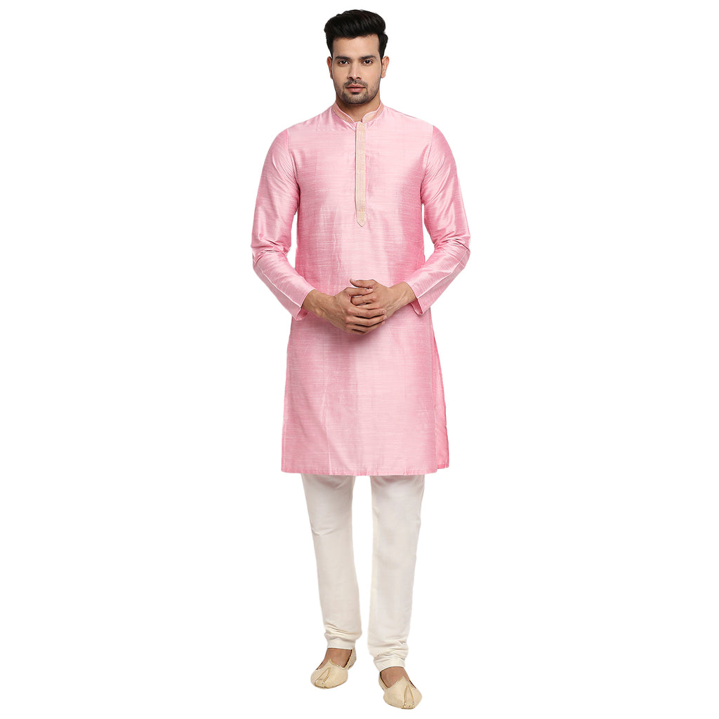 Men Straight Full Sleeve Pink Kurta