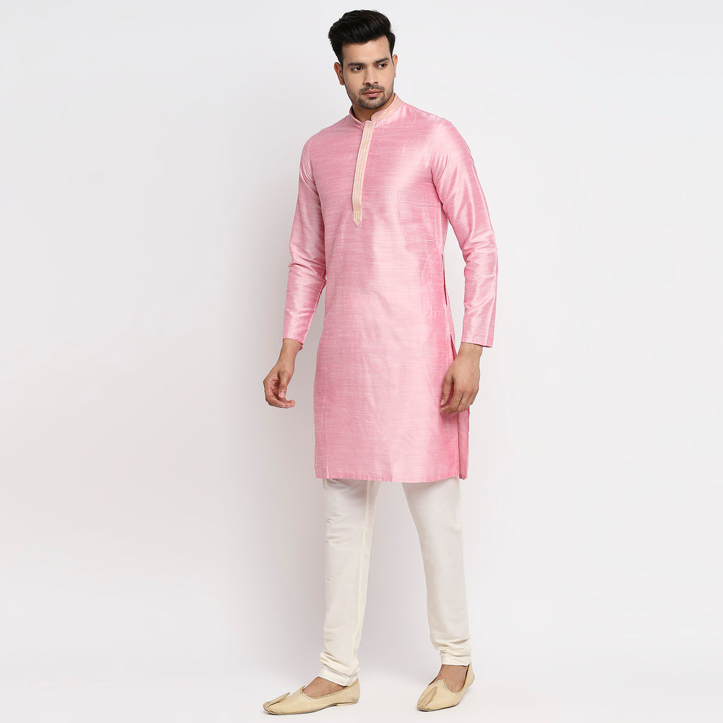 Men Straight Full Sleeve Pink Kurta