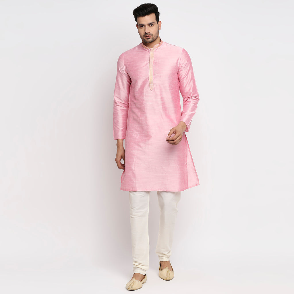 Men Straight Full Sleeve Pink Kurta