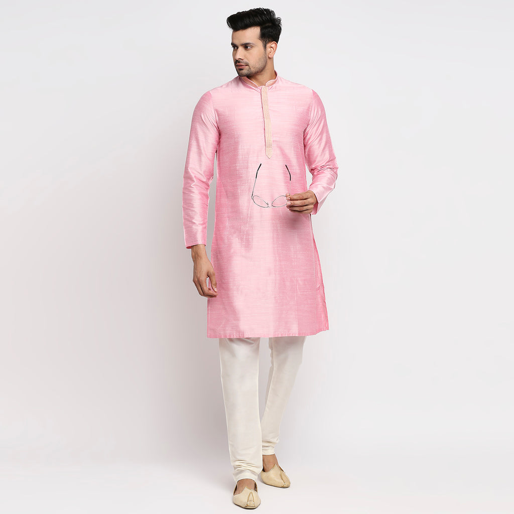 Men Straight Full Sleeve Pink Kurta