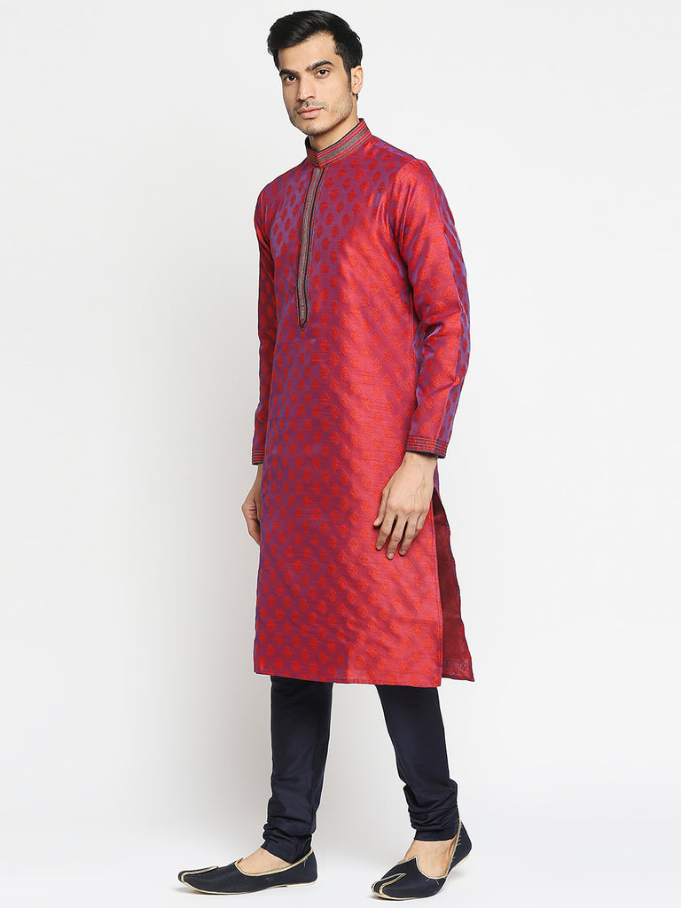 Men's Magenta Polyester Embroidered Kurta Pyjama