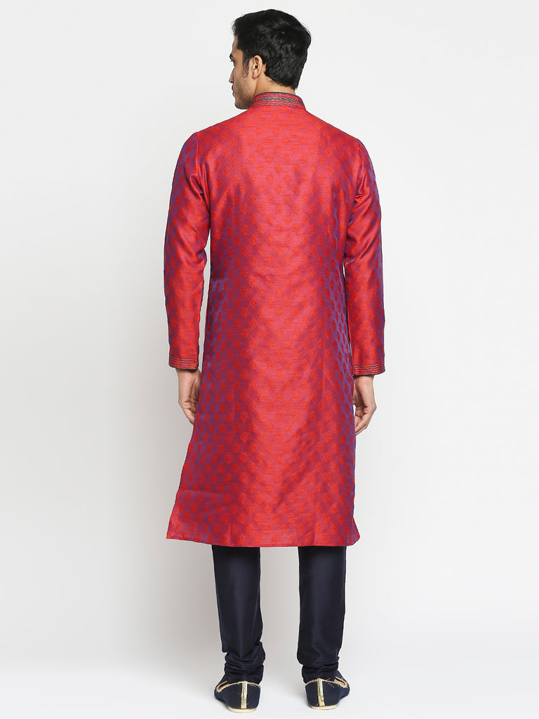 Men's Magenta Polyester Embroidered Kurta Pyjama