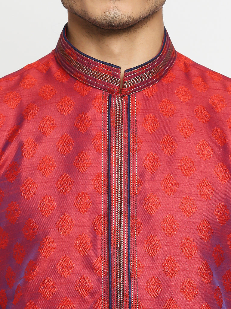 Men's Magenta Polyester Embroidered Kurta Pyjama