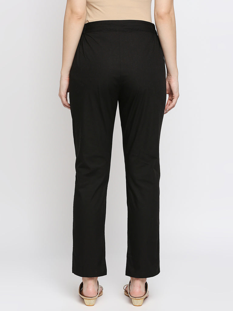 Women's Black Cotton Solid Pants