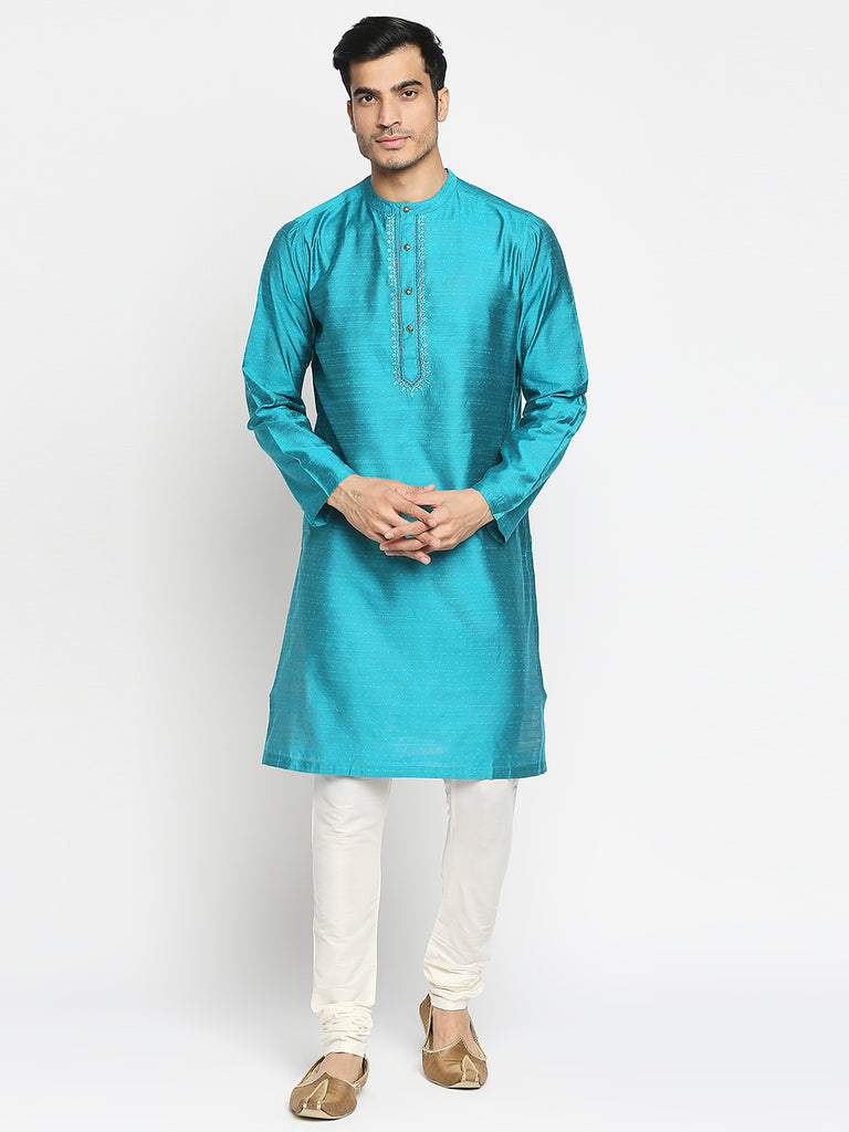 Men's Turq Art Silk Embroidered Kurta