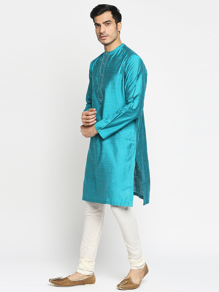 Men's Turq Art Silk Embroidered Kurta