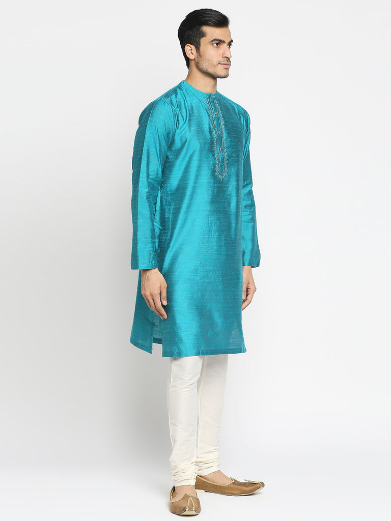 Men's Turq Art Silk Embroidered Kurta