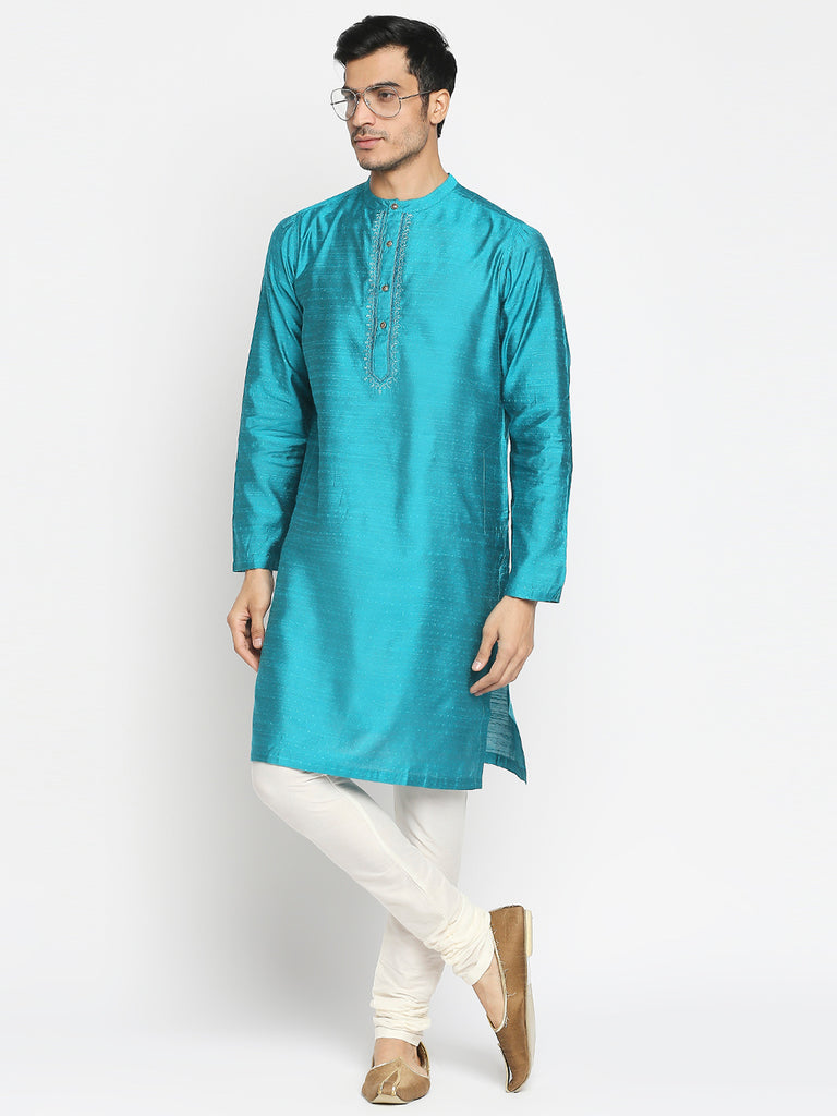Men's Turq Art Silk Embroidered Kurta