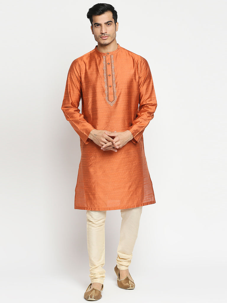 Men's Rust Art Silk Embroidered Kurta