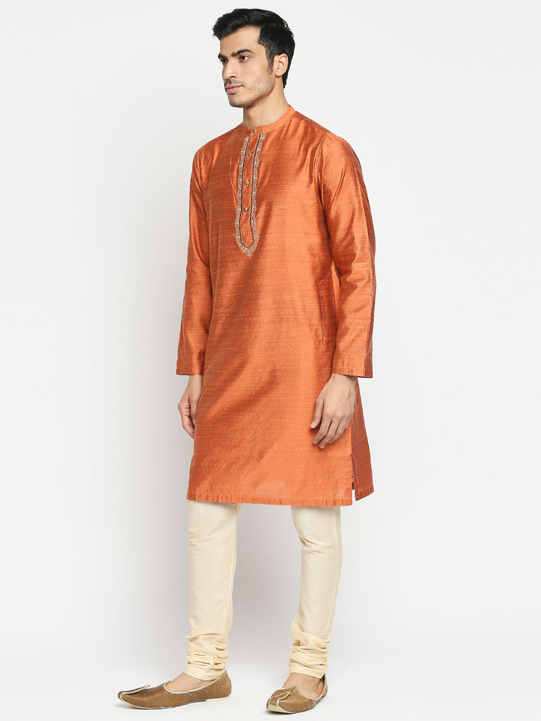 Men's Rust Art Silk Embroidered Kurta