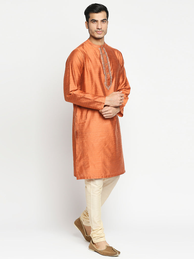 Men's Rust Art Silk Embroidered Kurta