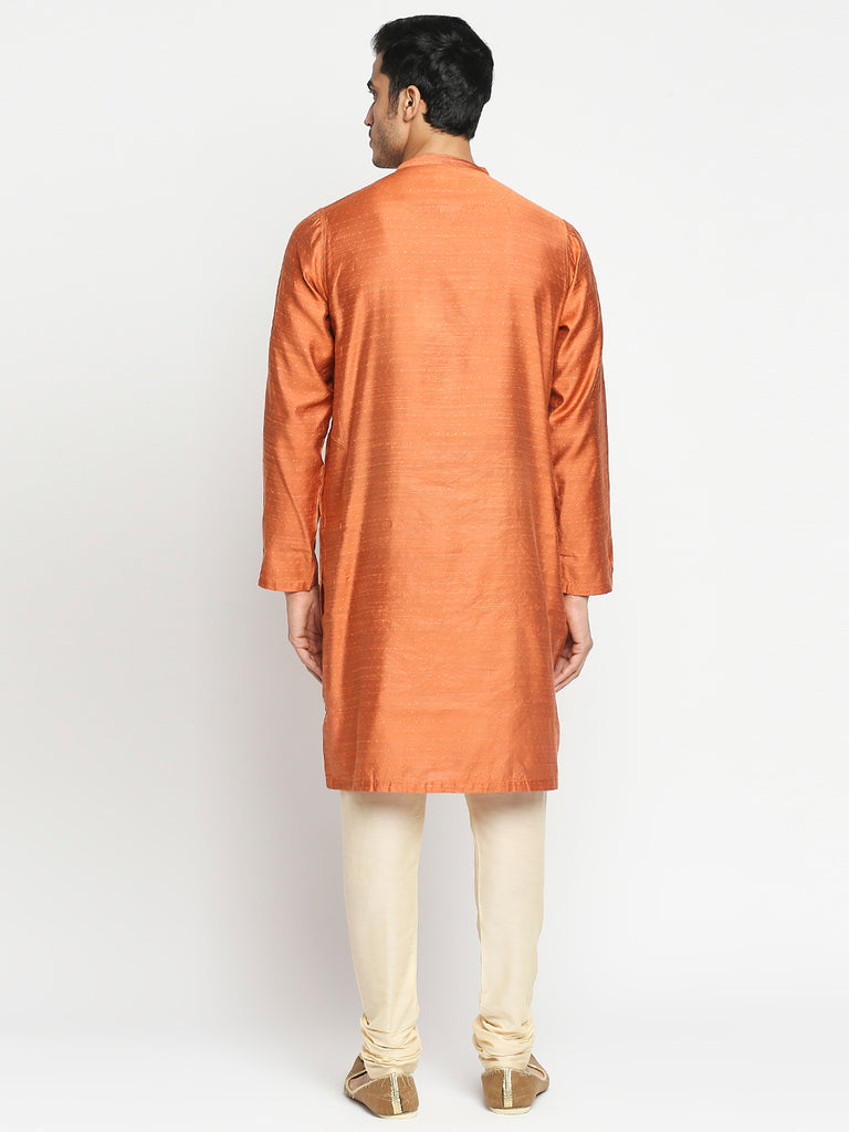 Men's Rust Art Silk Embroidered Kurta