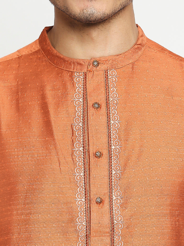 Men's Rust Art Silk Embroidered Kurta