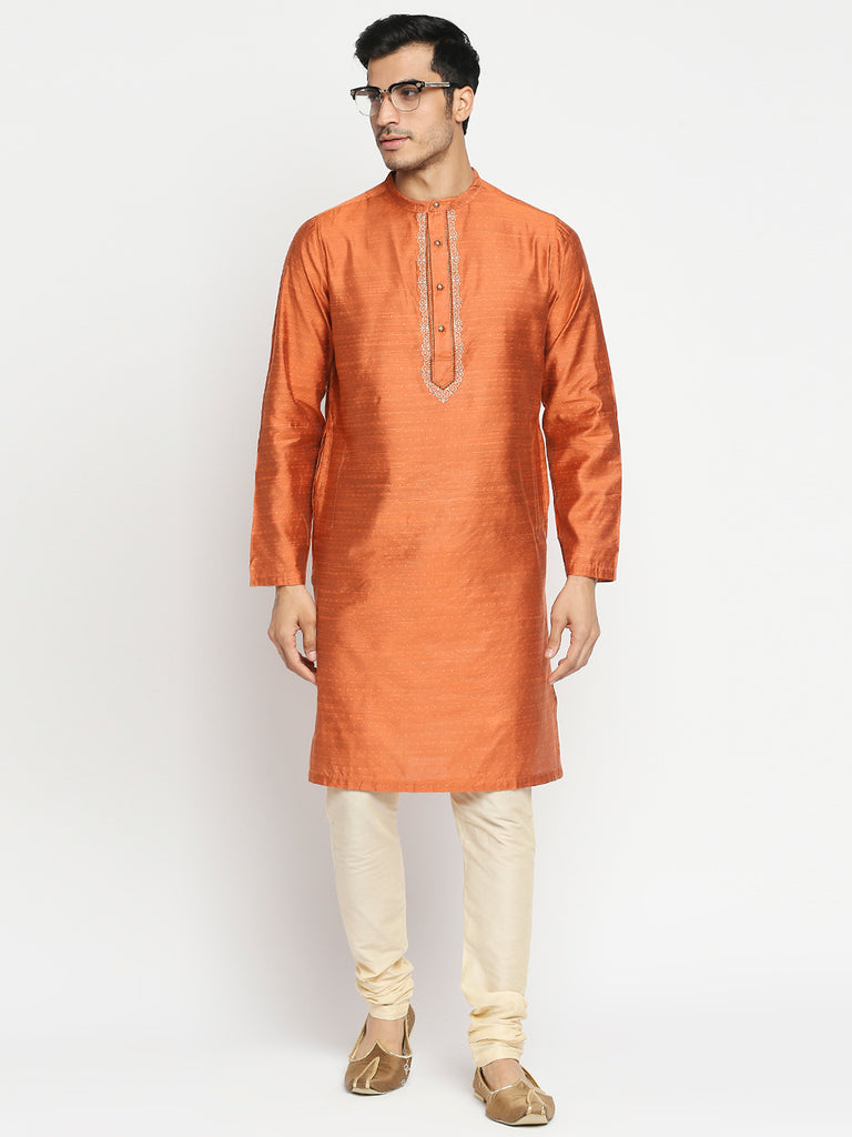 Men's Rust Art Silk Embroidered Kurta