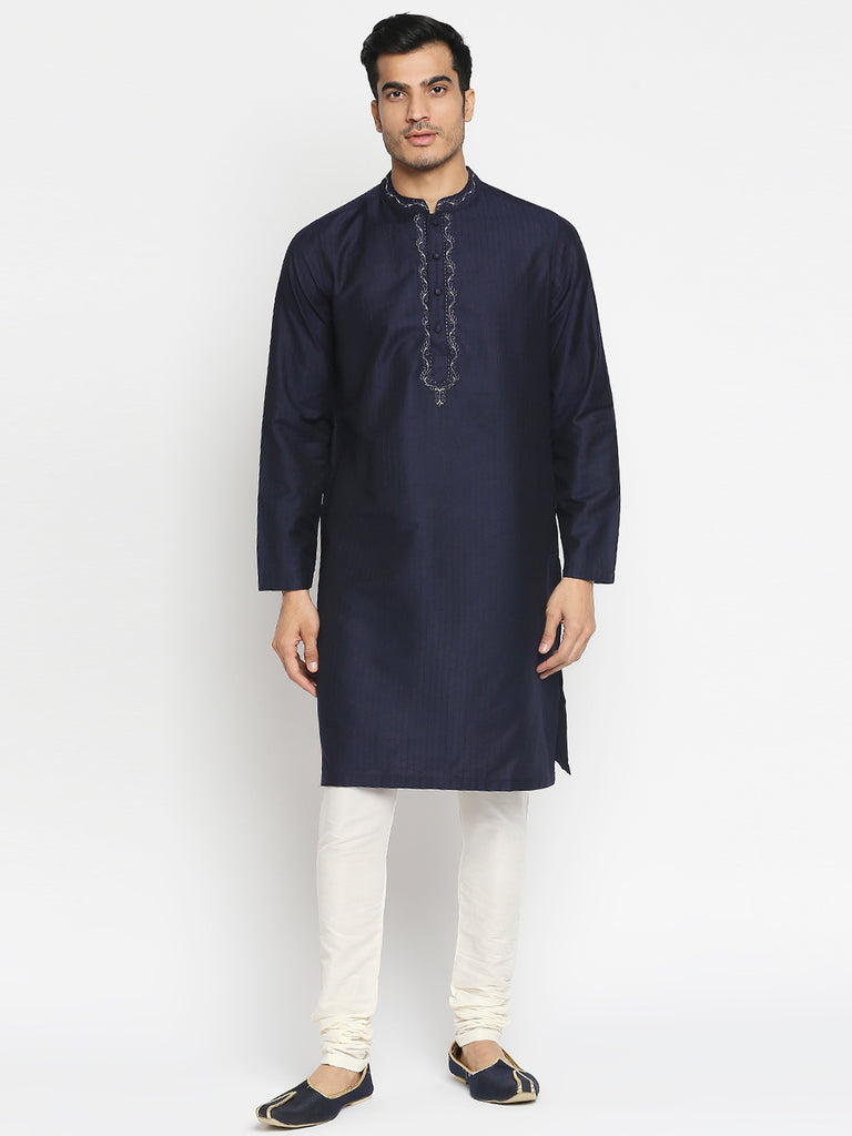 Men's Navy Art Silk Embroidered Kurta