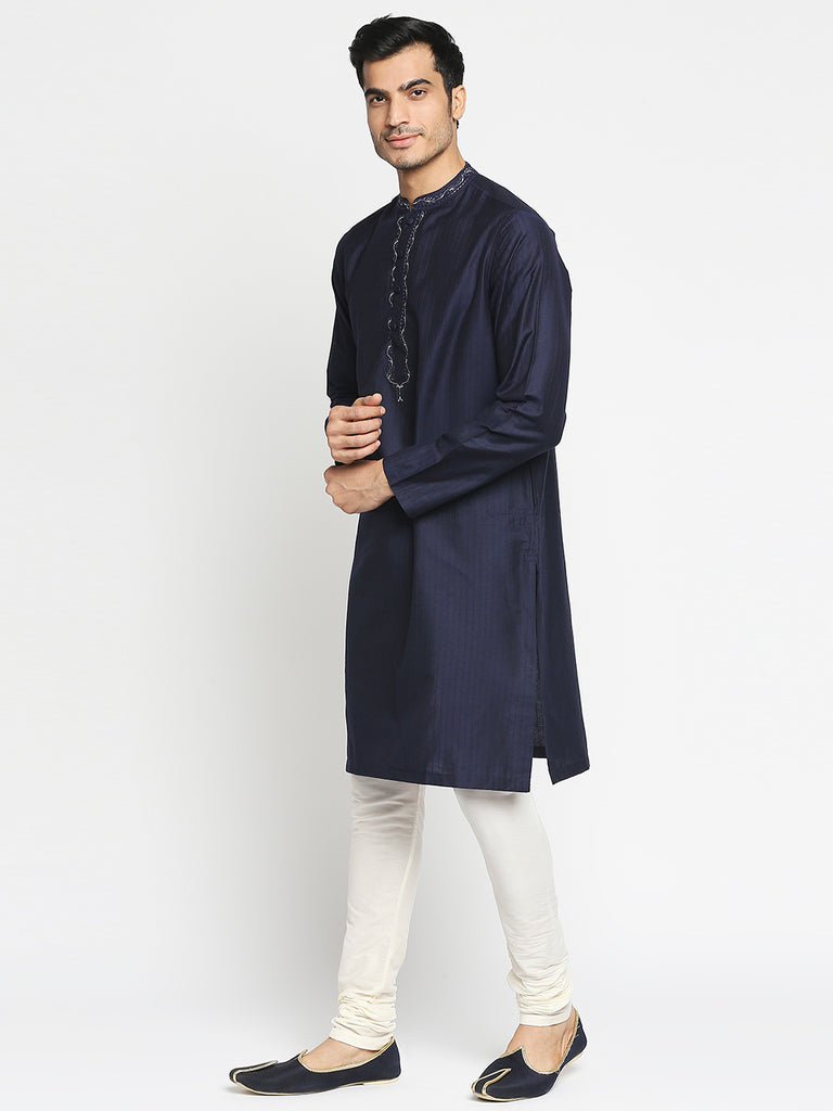 Men's Navy Art Silk Embroidered Kurta