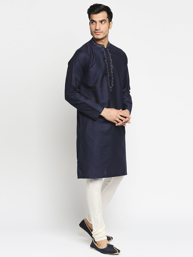 Men's Navy Art Silk Embroidered Kurta