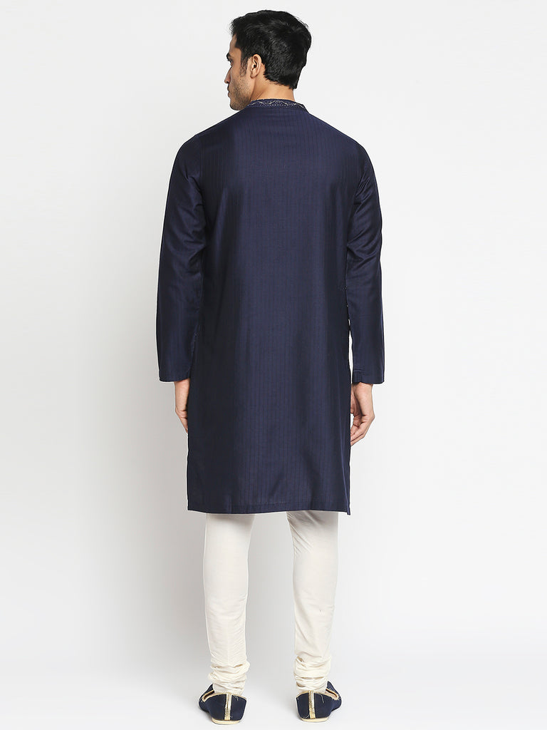 Men's Navy Art Silk Embroidered Kurta