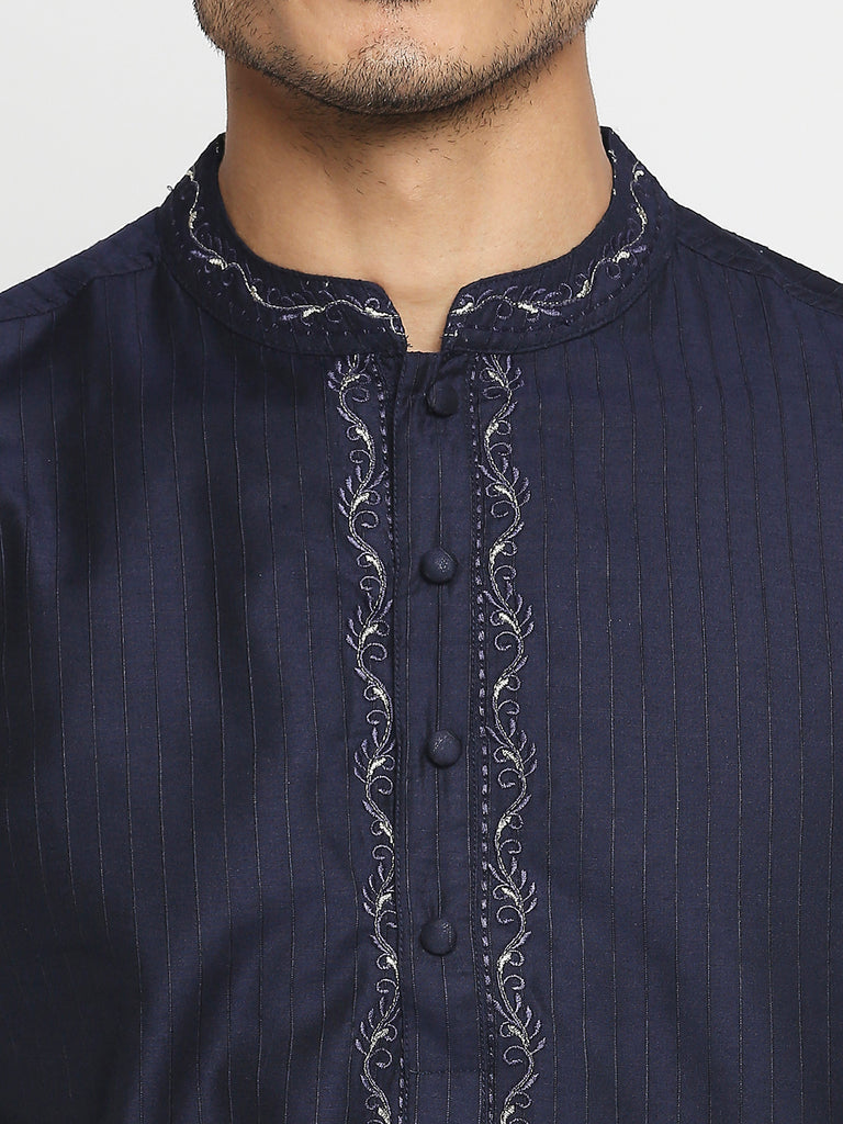 Men's Navy Art Silk Embroidered Kurta