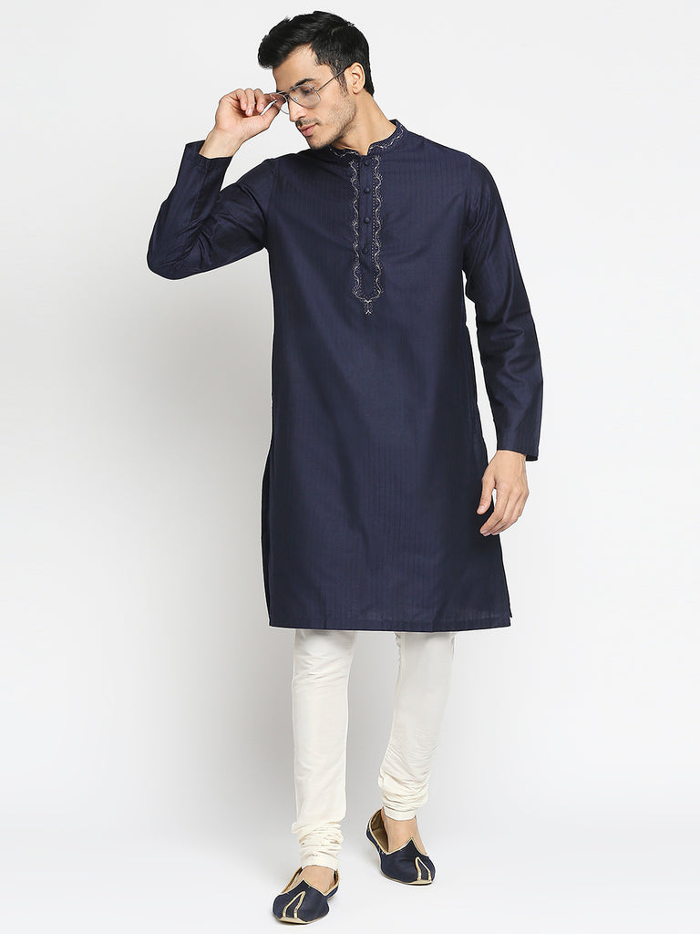 Men's Navy Art Silk Embroidered Kurta