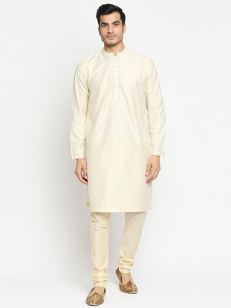 Men's Cream Art Silk Embroidered Kurta