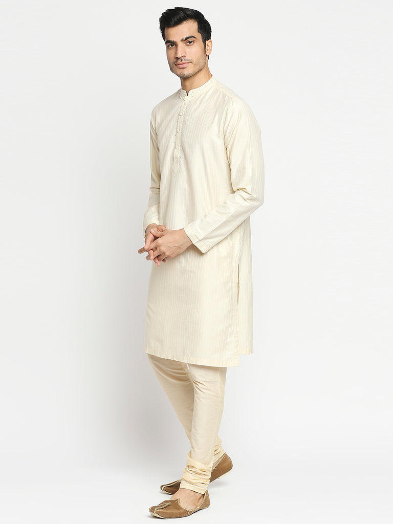 Men's Cream Art Silk Embroidered Kurta