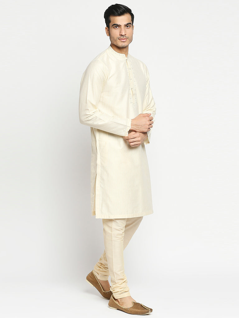 Men's Cream Art Silk Embroidered Kurta