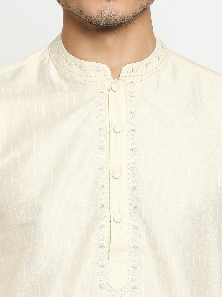 Men's Cream Art Silk Embroidered Kurta
