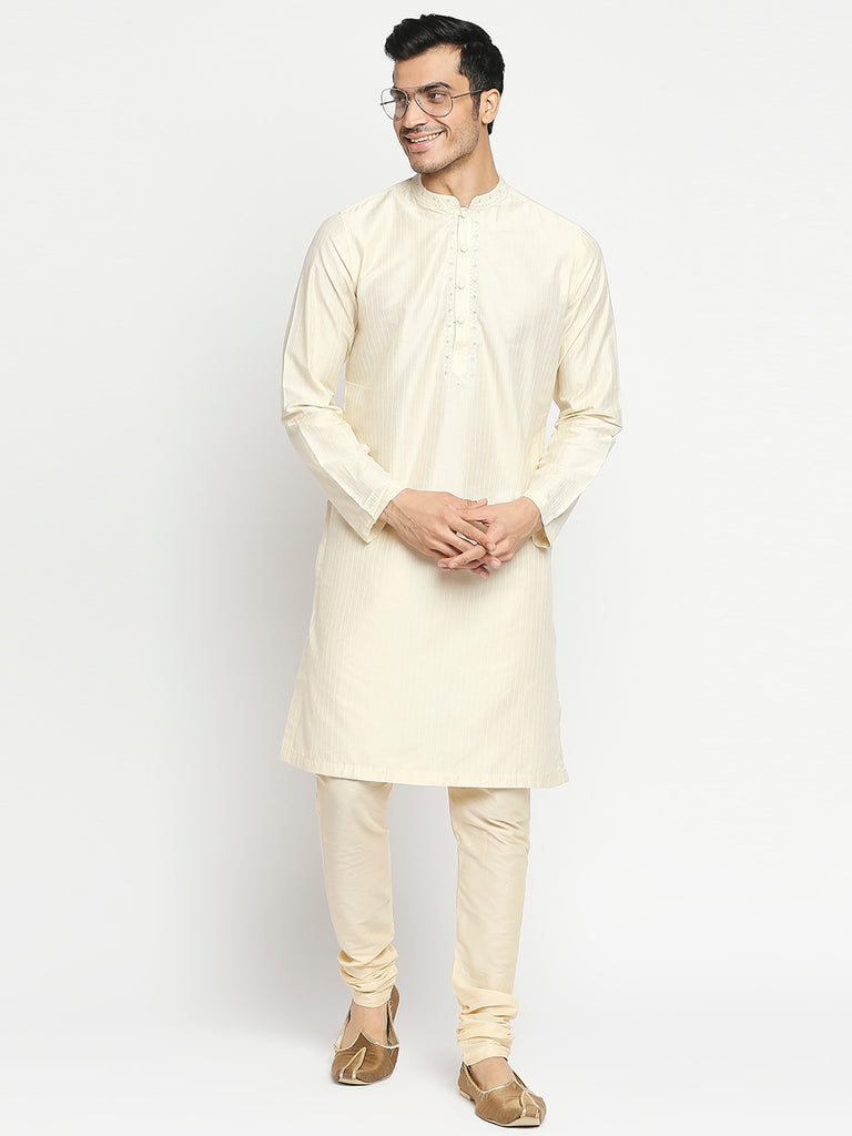 Men's Cream Art Silk Embroidered Kurta
