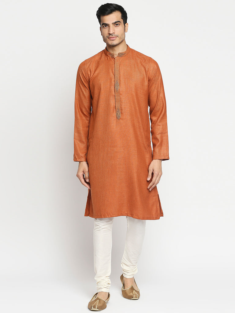 Men's Rust Blended Embroidered Kurta
