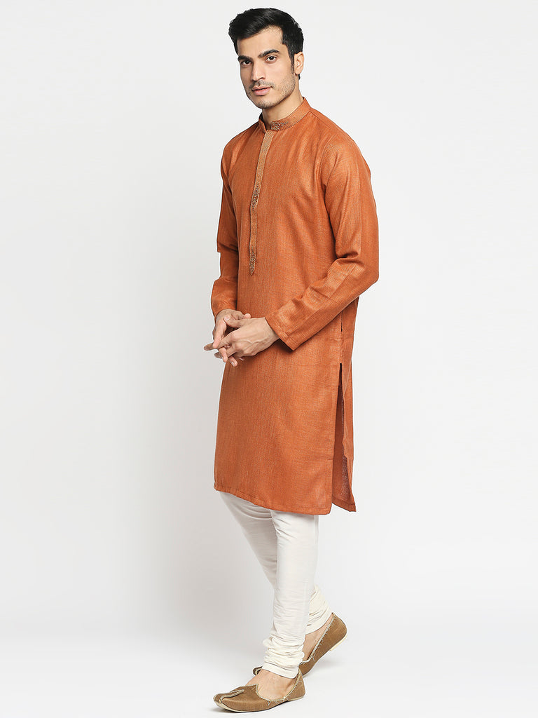 Men's Rust Blended Embroidered Kurta