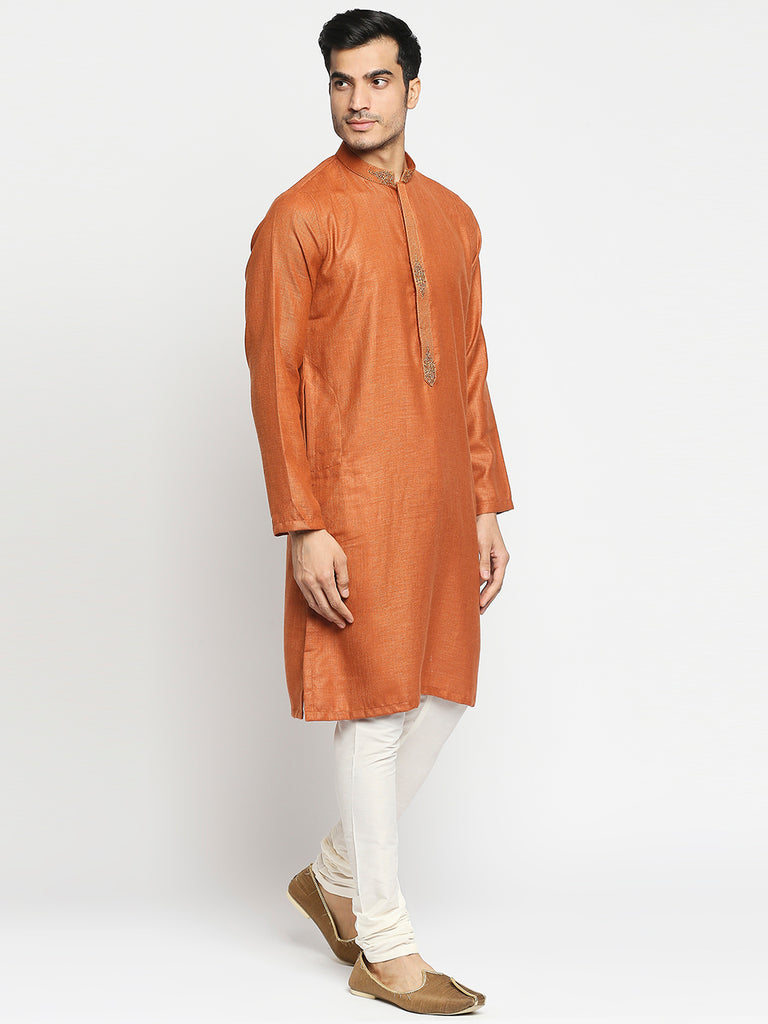 Men's Rust Blended Embroidered Kurta