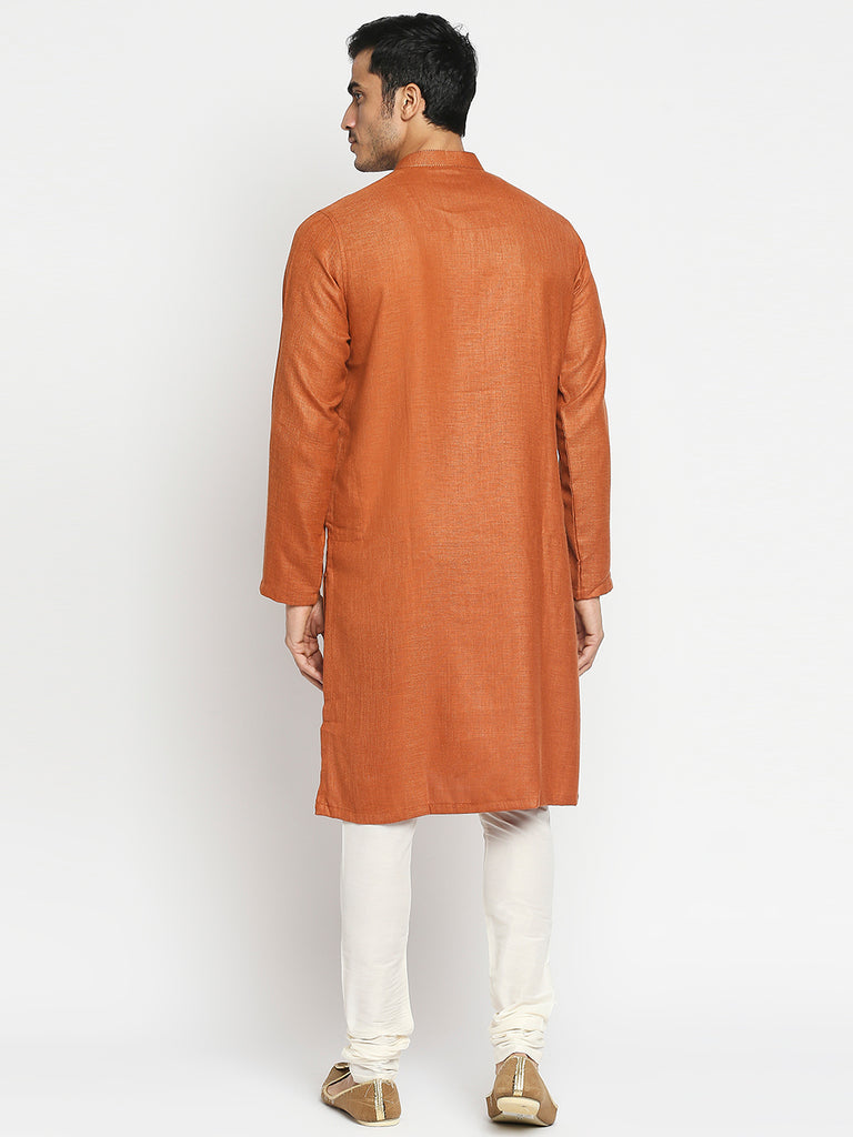 Men's Rust Blended Embroidered Kurta