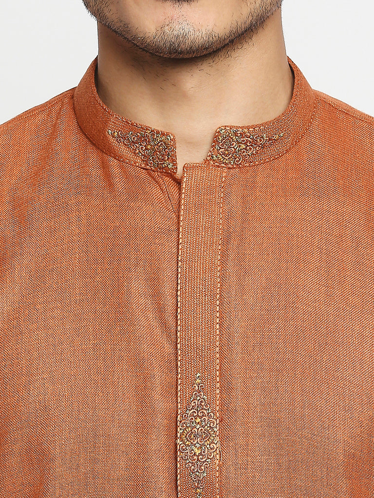 Men's Rust Blended Embroidered Kurta