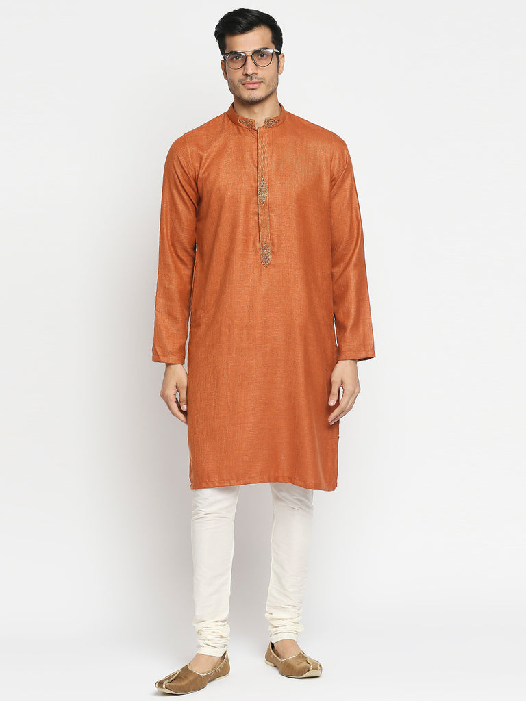 Men's Rust Blended Embroidered Kurta