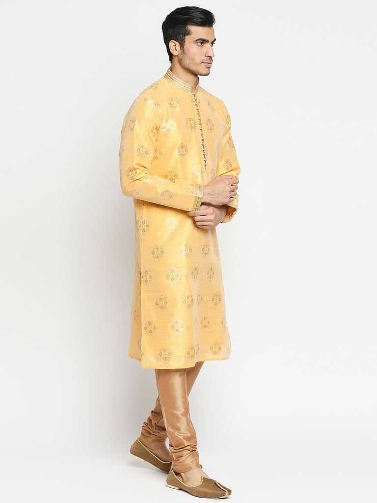 Men's Yellow Polyester Embroidered Kurta Pyjama