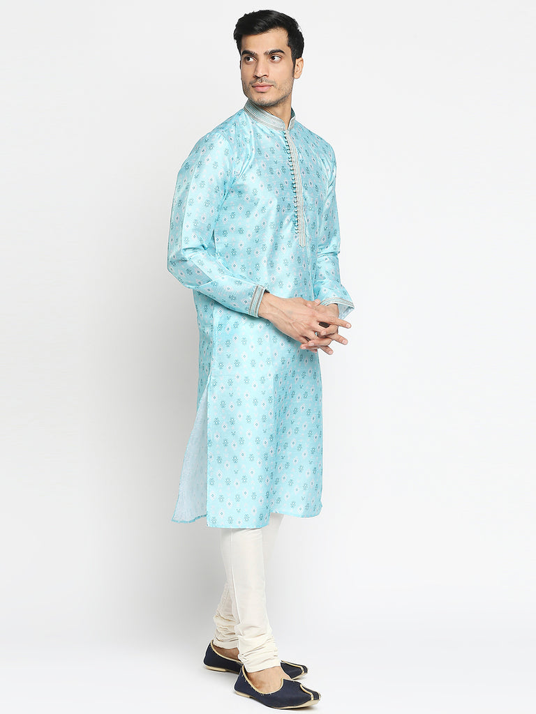 Men's Sea Green Polyester Embroidered Kurta Pyjama