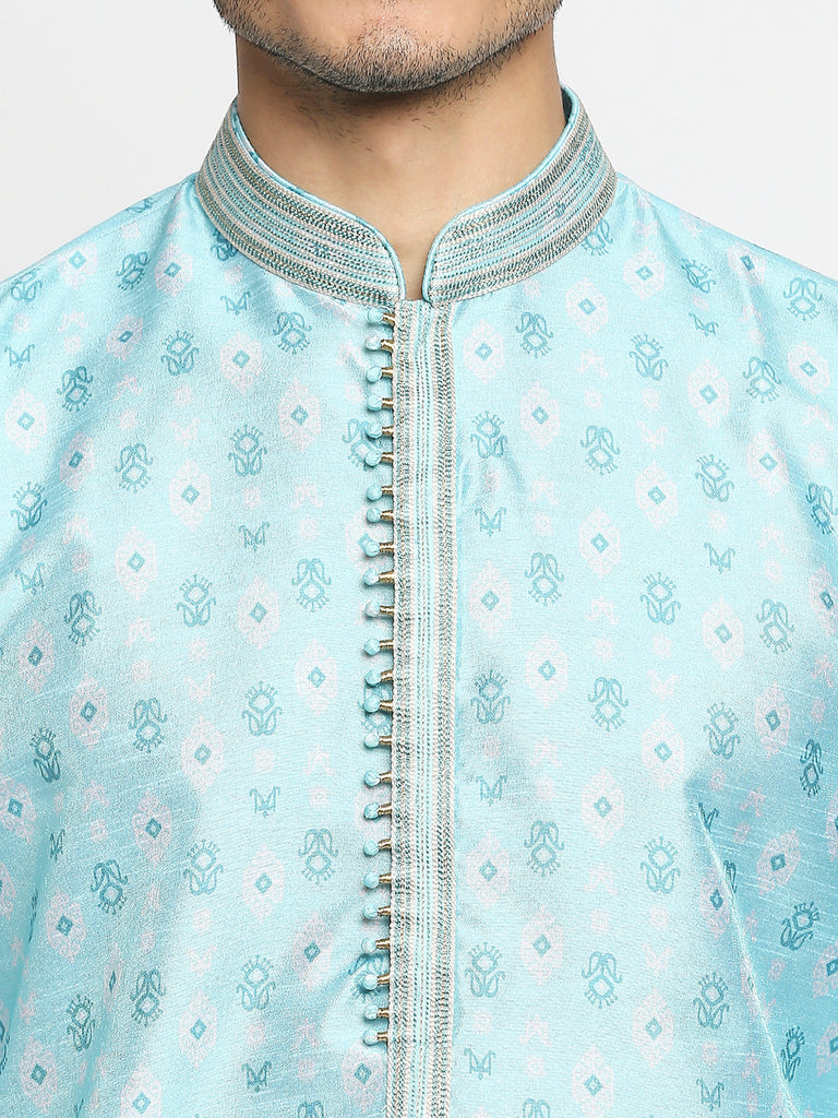 Men's Sea Green Polyester Embroidered Kurta Pyjama