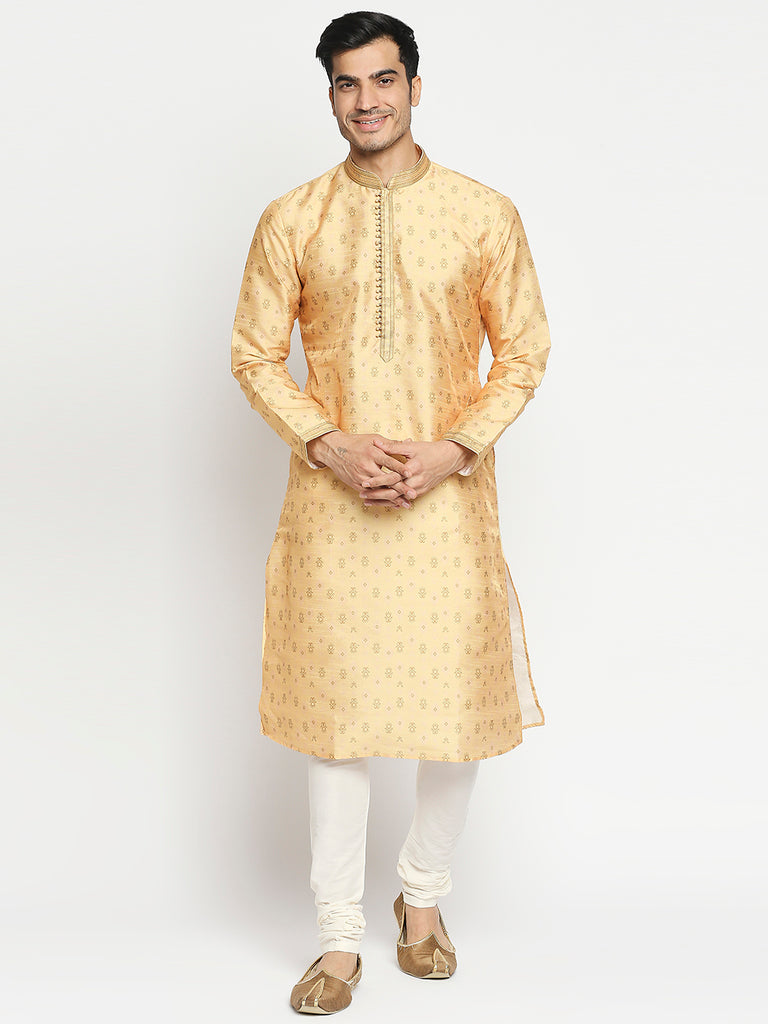 Men's Yellow Polyester Embroidered Kurta Pyjama