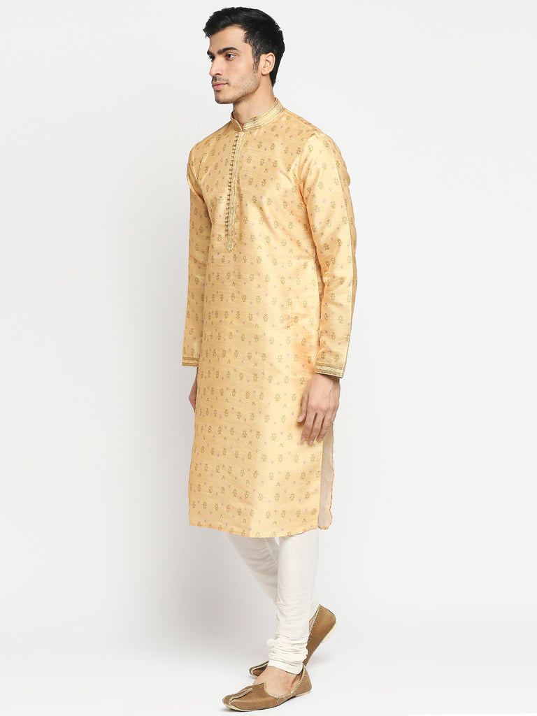 Men's Yellow Polyester Embroidered Kurta Pyjama