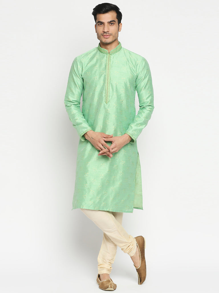 Men's Green Polyester Embroidered Kurta Pyjama