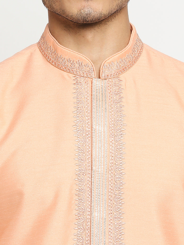 Men's Peach Polyester Embroidered Kurta Pyjama