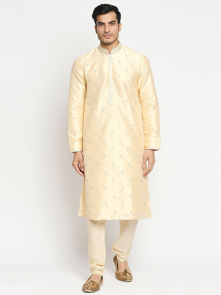 Men's Cream Blended Embroidered Kurta Pyjama