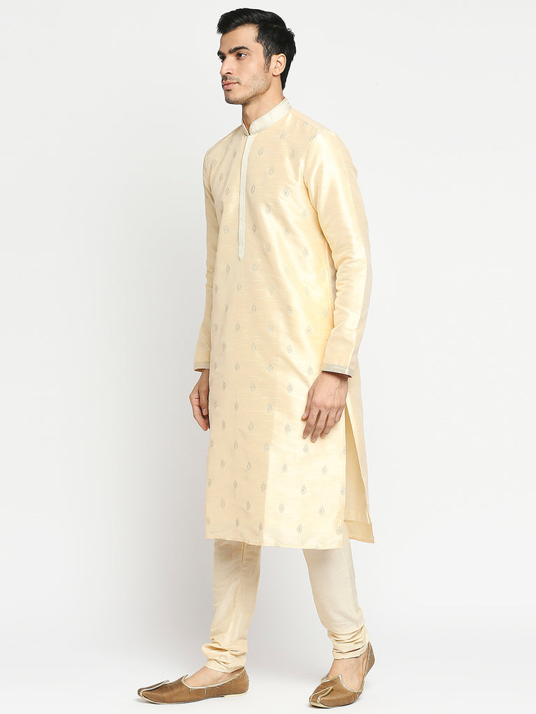 Men's Cream Blended Embroidered Kurta Pyjama