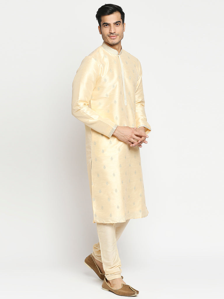 Men's Cream Blended Embroidered Kurta Pyjama