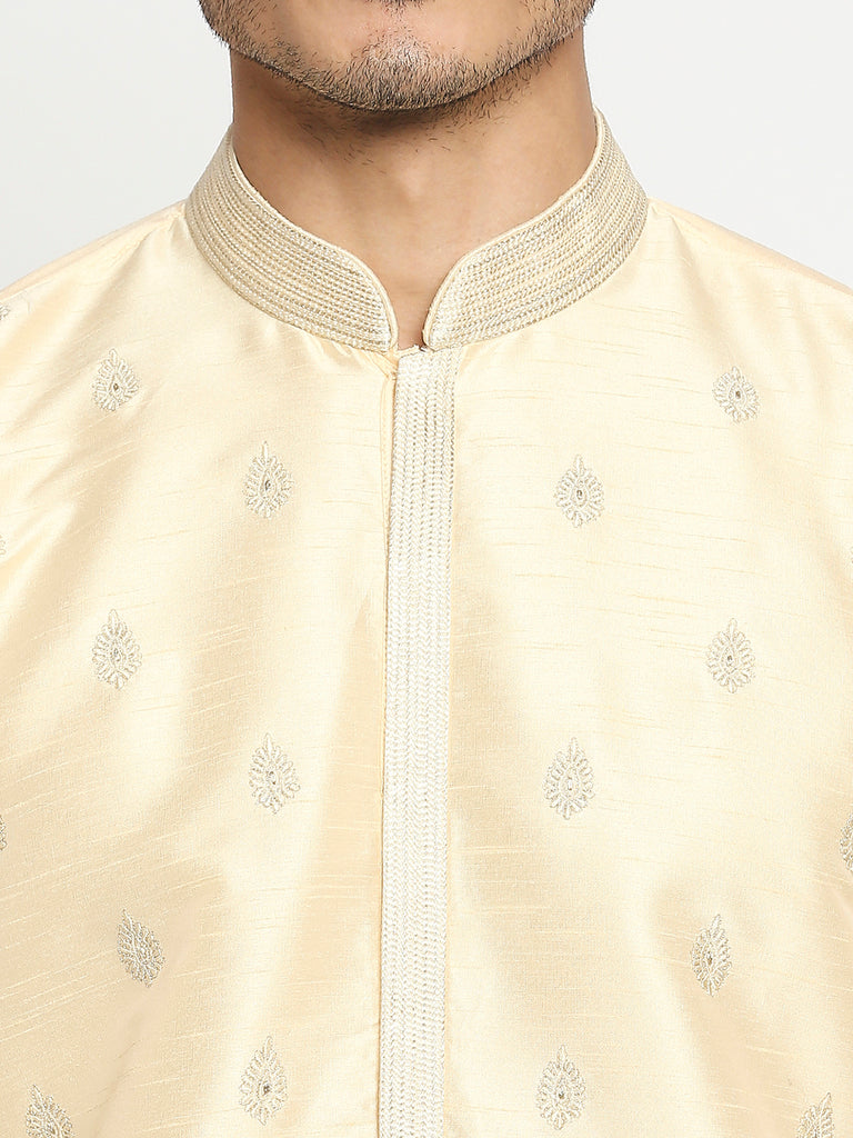 Men's Cream Blended Embroidered Kurta Pyjama