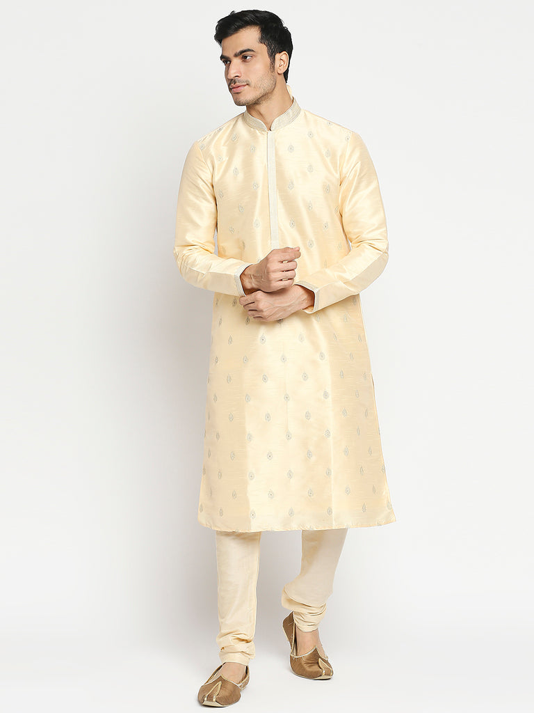 Men's Cream Blended Embroidered Kurta Pyjama