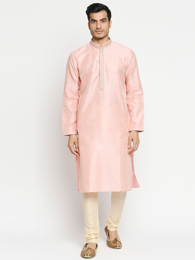Men's Peach Blended Embroidered Kurta Pyjama