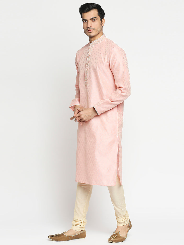 Men's Peach Blended Embroidered Kurta Pyjama